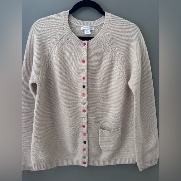 TABITHA WEBB womens M Tan Lambswool Cardigan SWEATER Multi Buttons Preppy Artsy - Picture 2 of 11